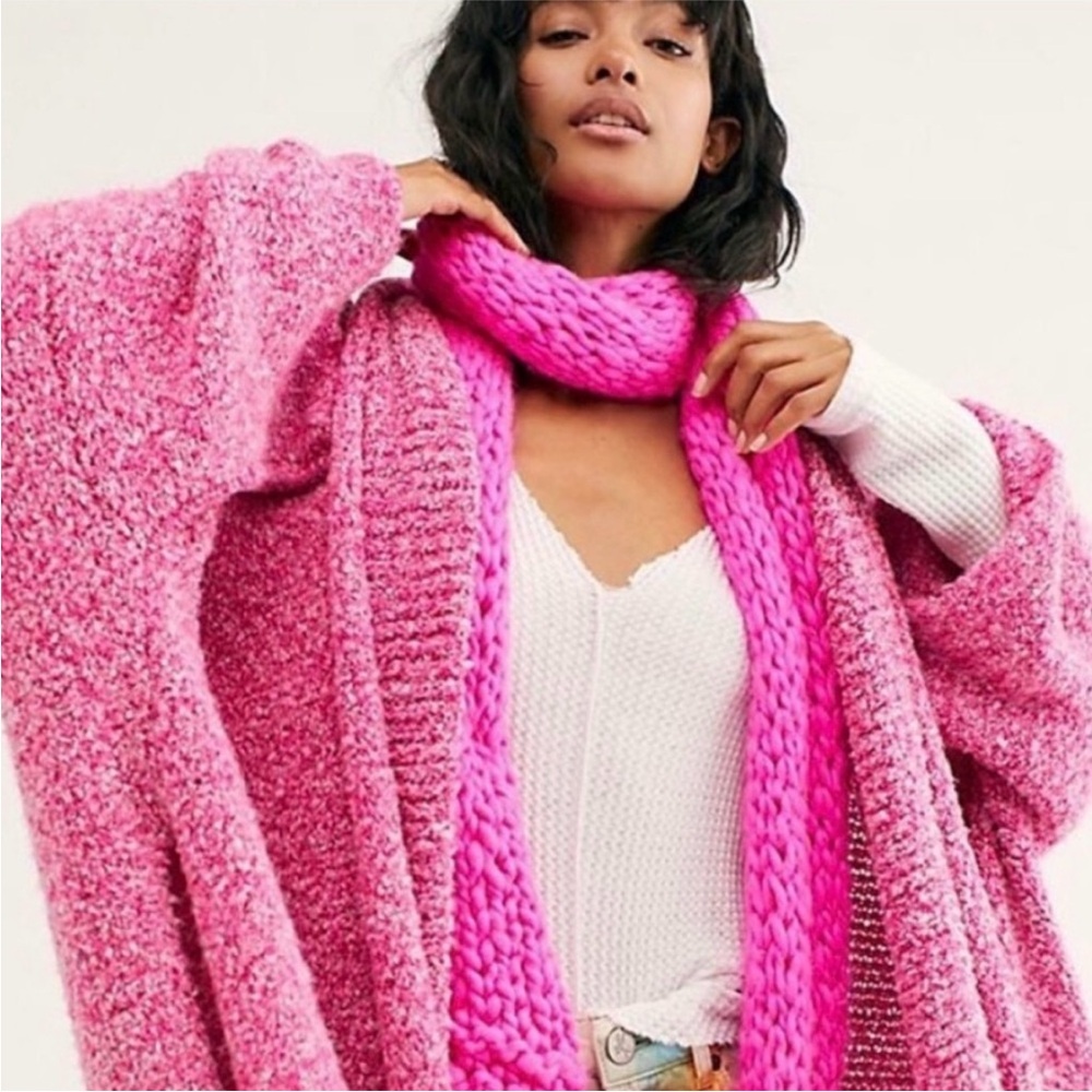 Free People | Women’s Bright Pink\White Open Front Oversized Cardigan Sweater XS